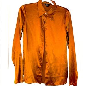 Moda international burned orange amber long sleeves button down silk blouse